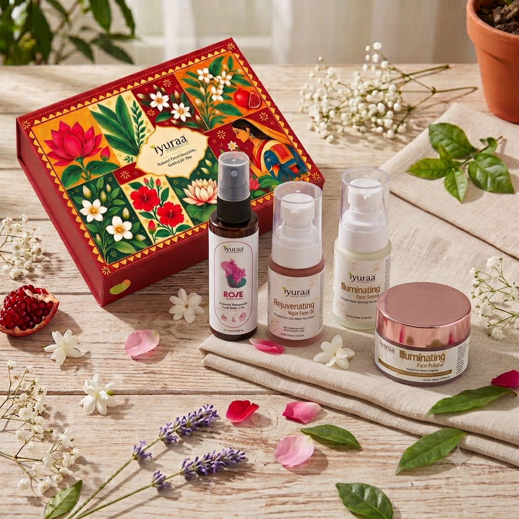 Iyuraa 4-Step Glow Ritual – Rose Hydrosol, Face Polisher, Day Serum & Night Oil | Complete Ayurvedic Skincare Combo