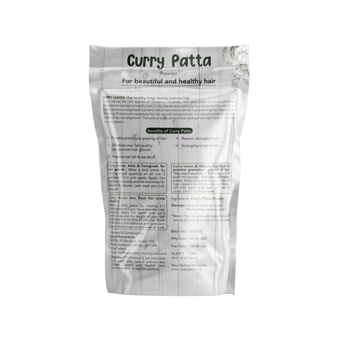 Close-up of Curry Patta Hair Pack powder highlighting key ingredients