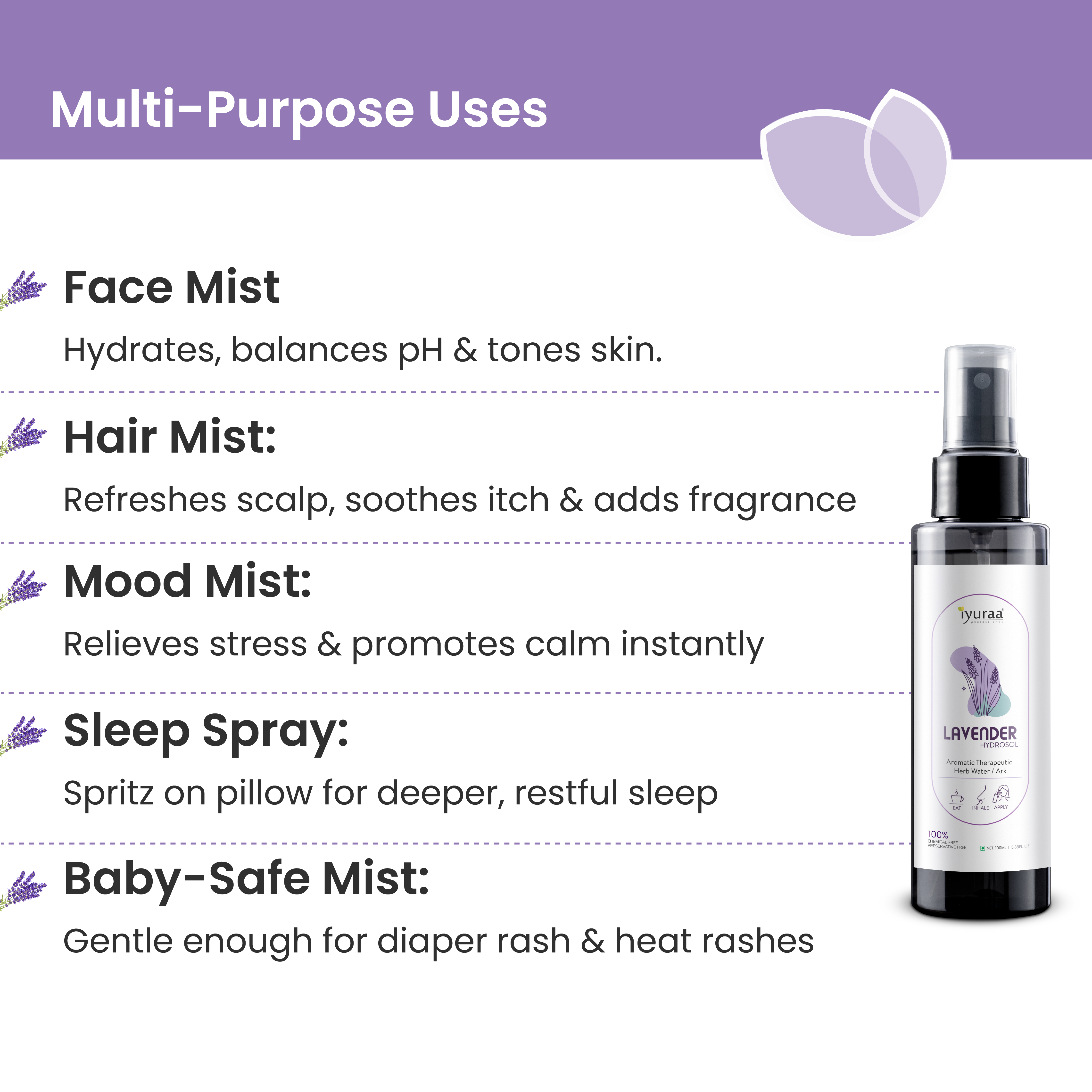 Lavender hydrosol facial mist spray over skin