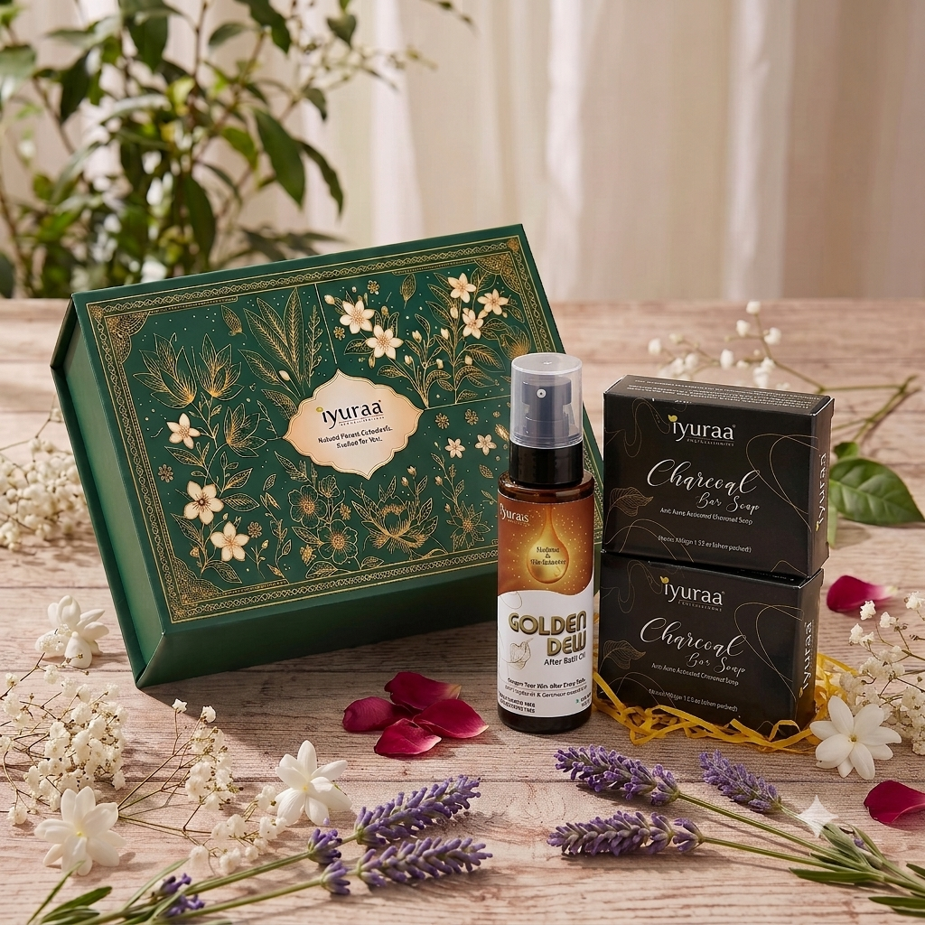 Iyuraa Diwali Bath & Body Gift Combo – 2 Activated Charcoal Soaps & Golden Dew After Bath Body Oil | Natural Body Care Gift Set combo-2