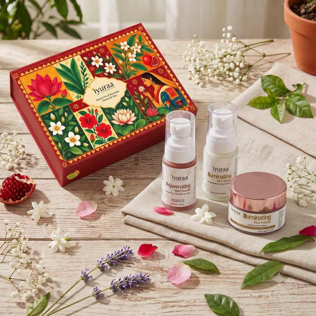 Iyuraa 3-Step Glow Ritual – Face Polisher, Illuminating Day Serum & Rejuvenating Night Oil | Complete Ayurvedic Skincare Combo