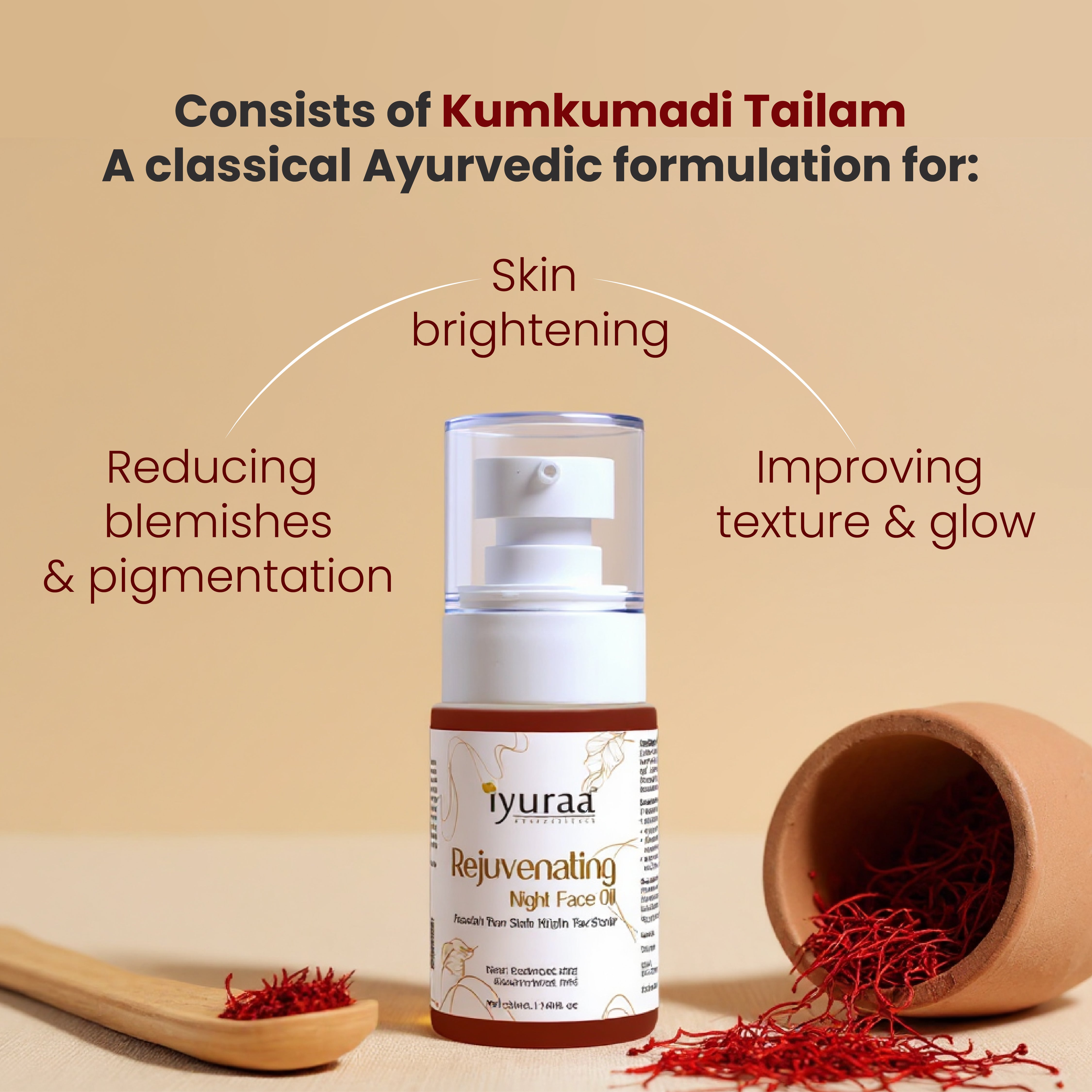 Key ingredients: Saffron, Red Sandalwood, Manjistha, Licorice, Goat Milk, Rose Water, Sesame Oil, Yuzu Essential Oil

