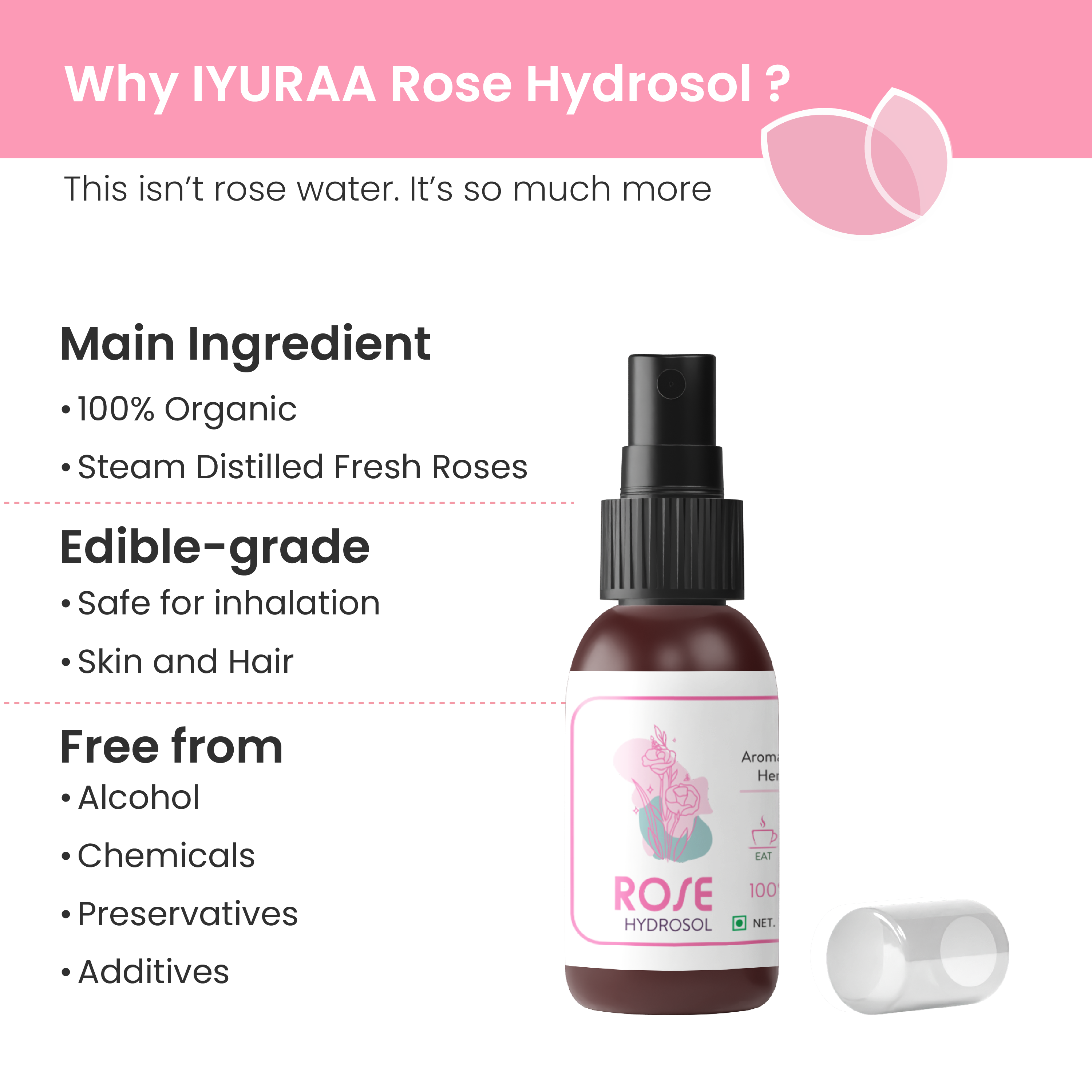 Close-up of Mini Rose Hydrosol highlighting key ingredients

