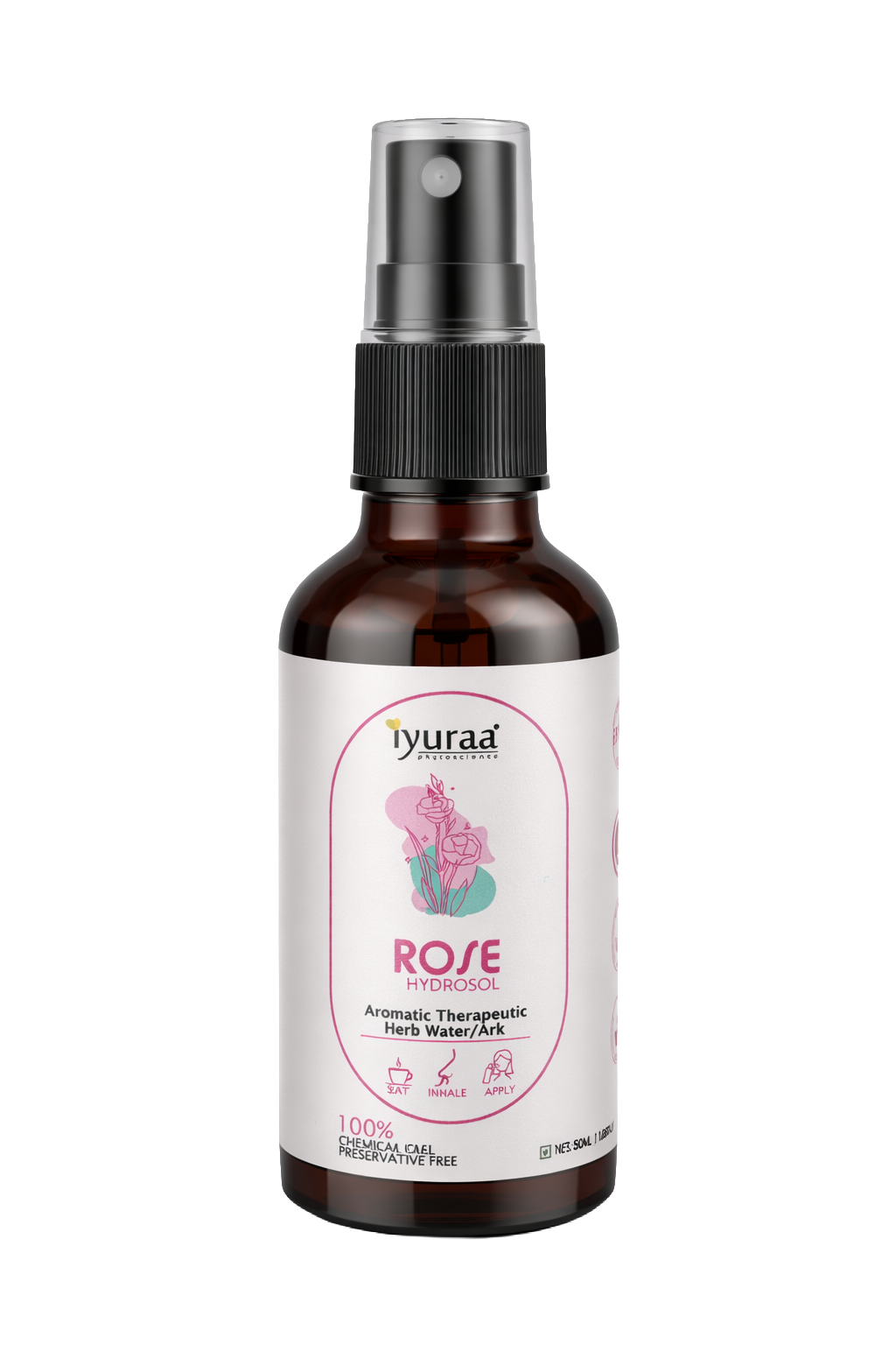 Iyuraa Rose Hydrosol Spray, 50 ml | Aromatic Therapeutic Rose Water | Facial Mist for Daily Skincare & Aromatherapy