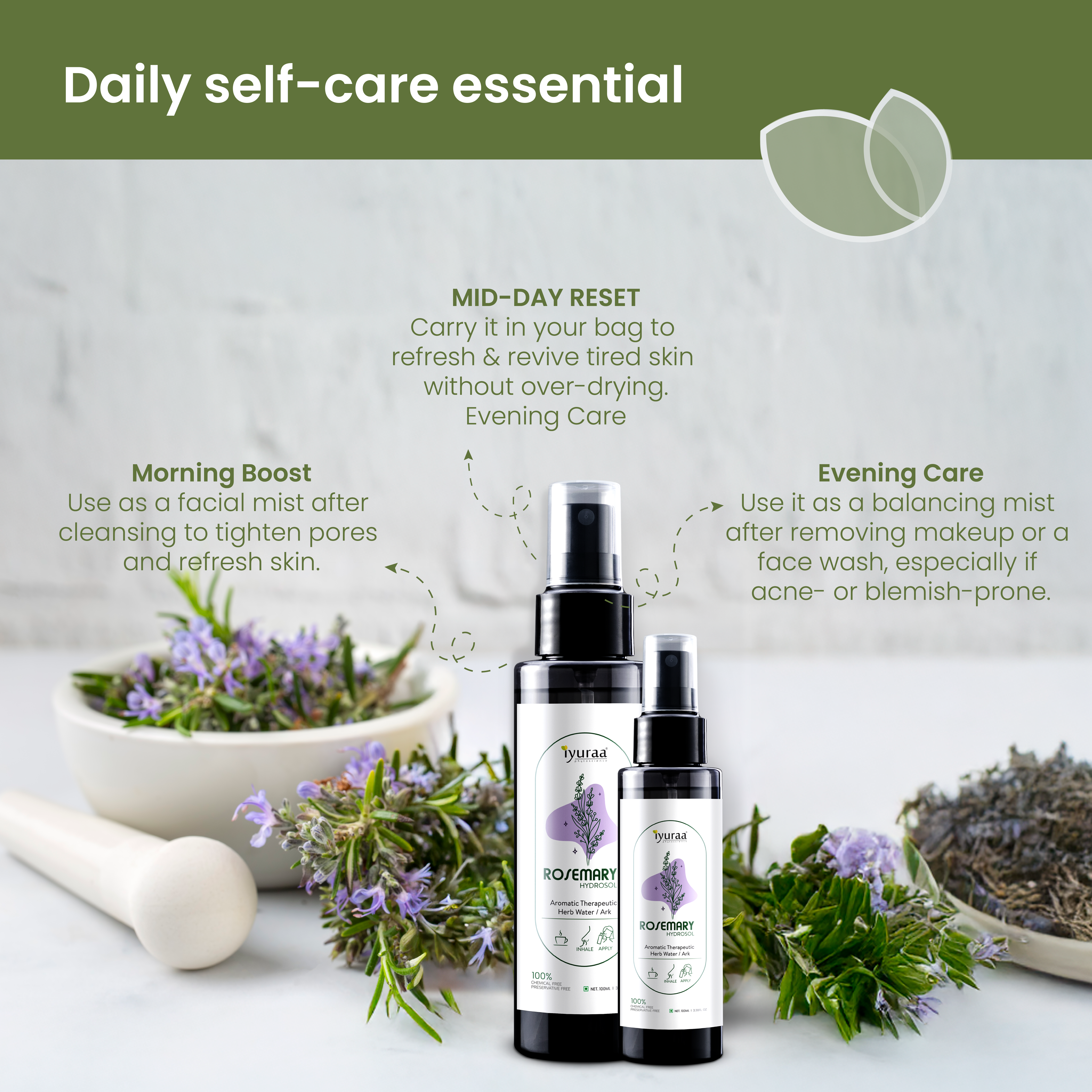 Rosemary hydrosol applied to scalp for hair care