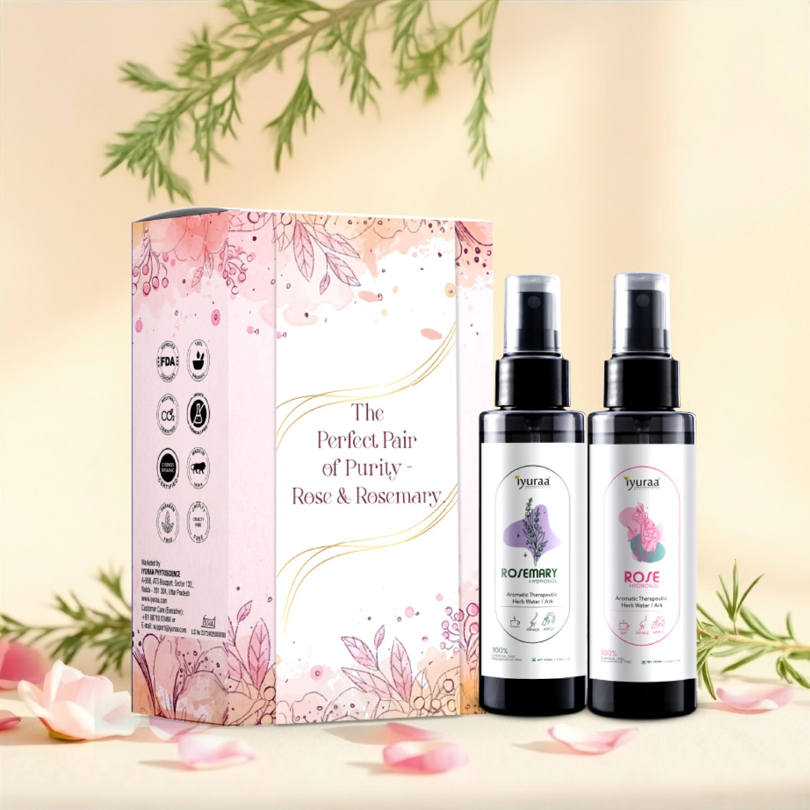 Wrap Love in a Bottle Gift Pack front view with Rose & Rosemary Hydrosols

